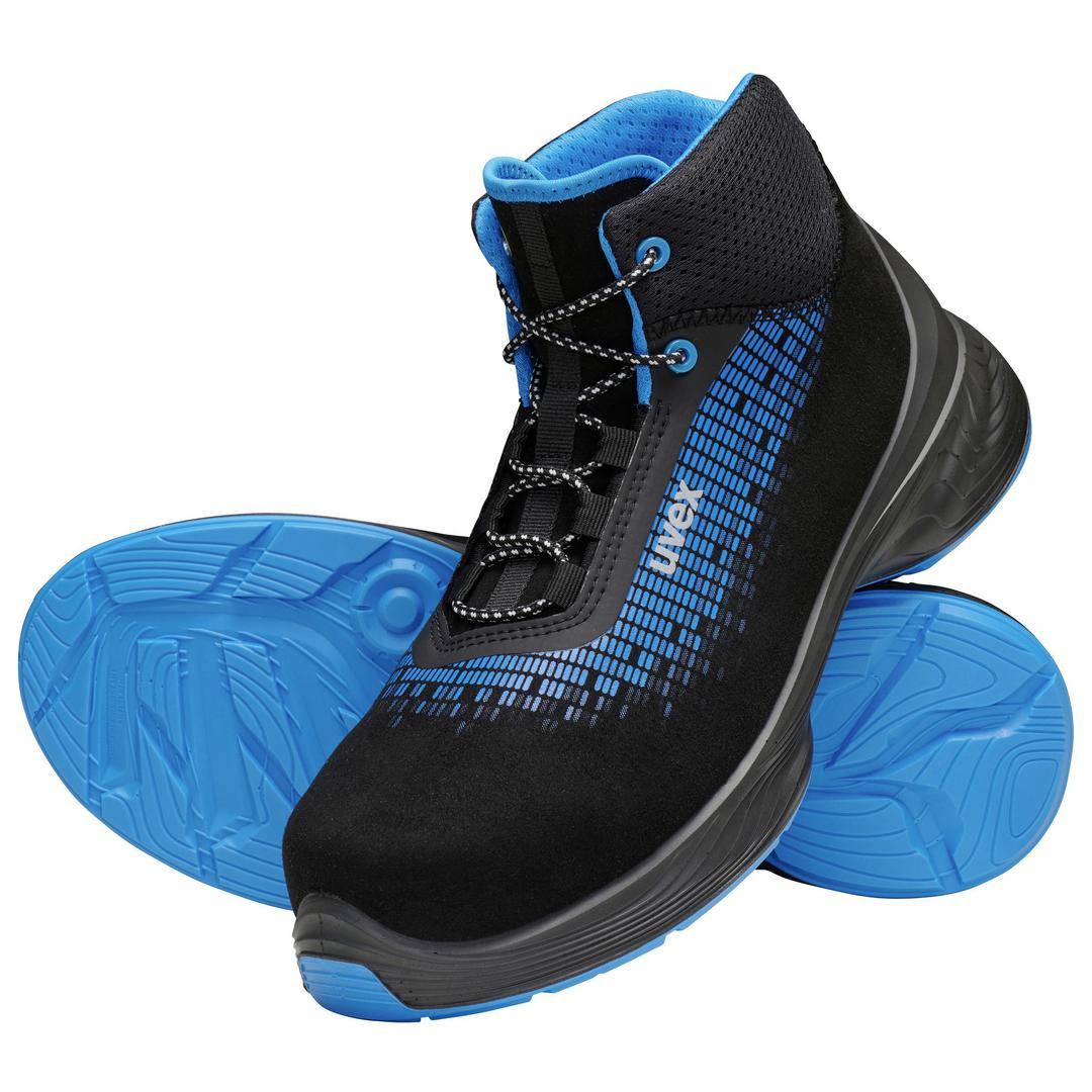 Black safety shoes with a blue pattern and blue sole, showcasing modern design and a non-slip profiled sole.