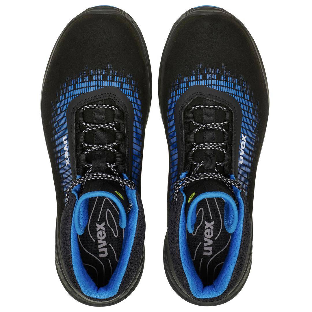 Black safety shoes with blue and white accents. Top-down view shows lacing and brand name 'uvex' on the tongue.