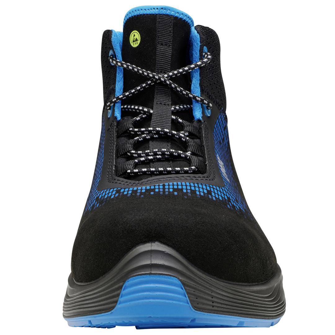 Black safety shoe with blue pattern and blue accents, non-slip sole, rounded toe cap, black and white laces.