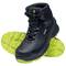 Black safety shoe with neon-yellow sole and laces, suitable for outdoor work or industrial environments.