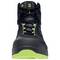 Black, ankle-high safety shoe with green sole and laces. Front view emphasises protective toe cap and sole tread.