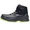 Black safety boots with green sole and lace-up design, brand 'uvex'. High-top design for workplace safety.