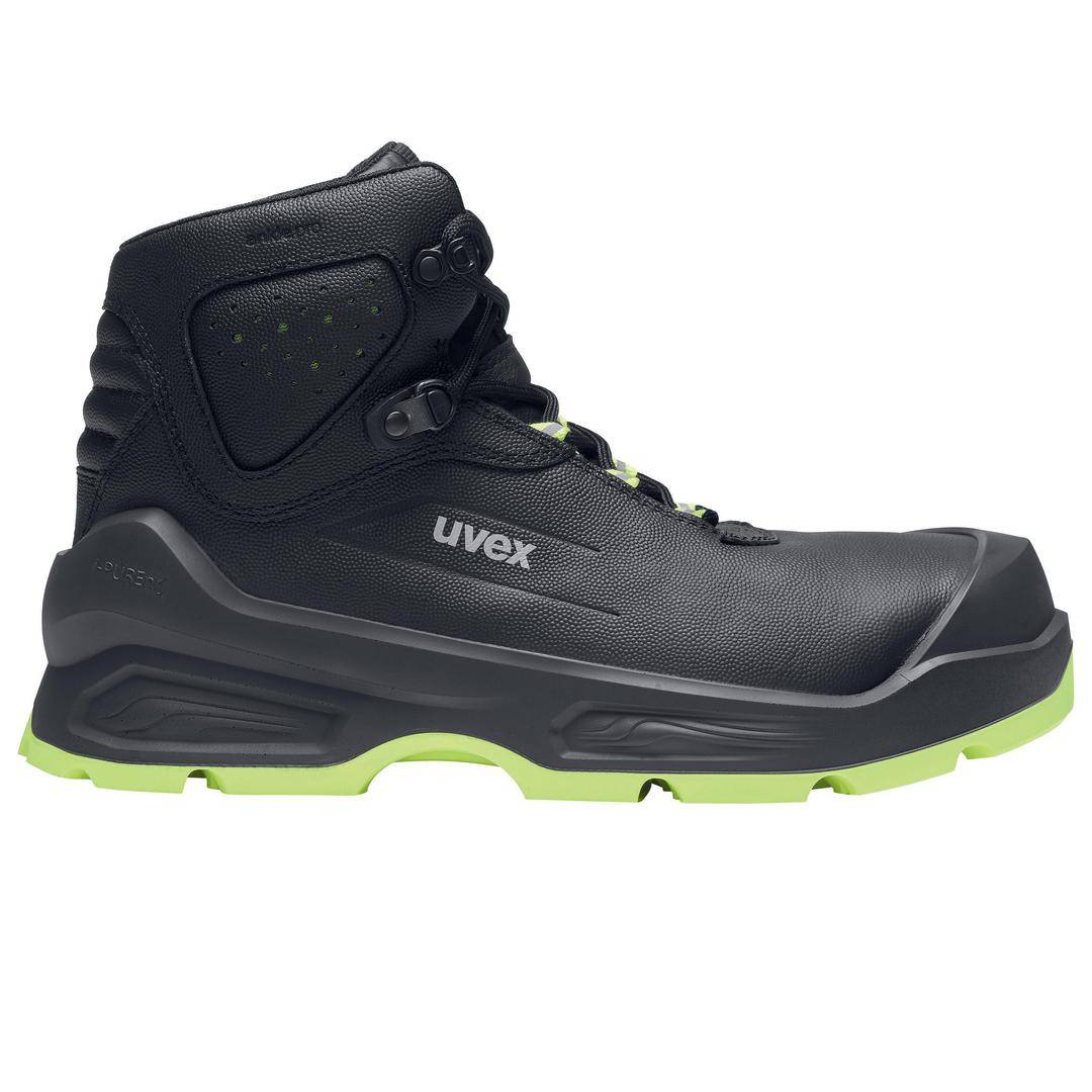 Black safety shoe with green accent, mid-height, from the 'uvex' brand. Suitable for work requiring protective equipment.
