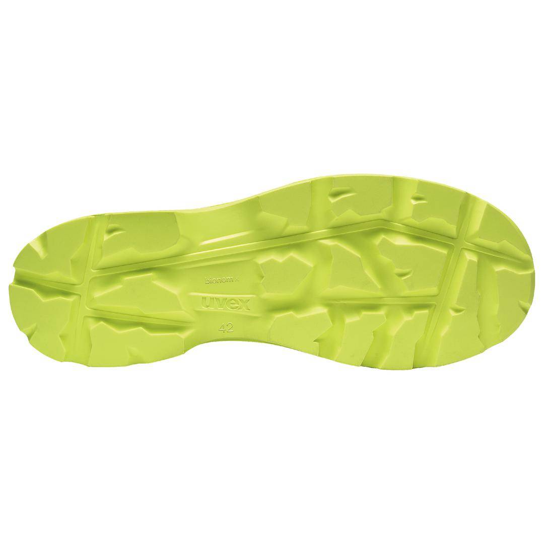 A pale yellow, profiled shoe sole with the 'UVEX 42' logo, suitable for industrial applications and safety.