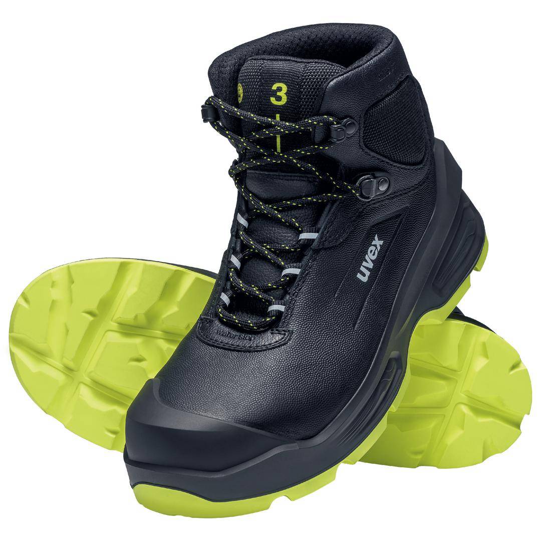 A black work shoe with a bright yellow sole and laces is shown.