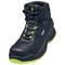 Black safety shoe with green sole and laces, logo on the side. Ideal for work environments with high safety requirements.
