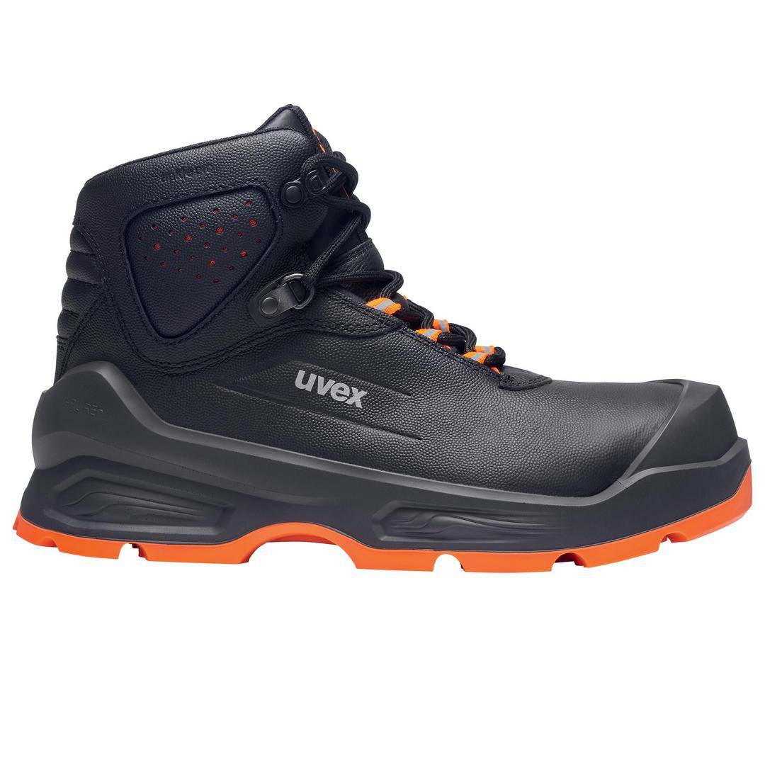 Black safety shoe with orange sole and laces, featuring 'uvex' logo on the side, suitable for workplace protection.