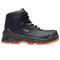 Black safety shoe with orange sole and laces, side-labelled with 'uvex', suitable for work environments.