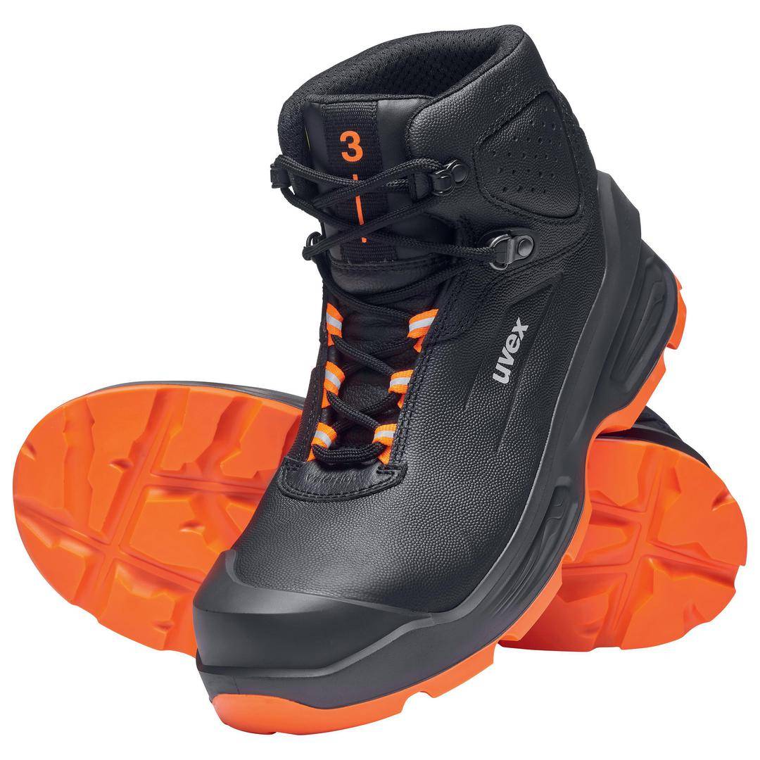 Black safety boots with an orange sole and laces bearing the 'uvex' logo. Suitable for industrial safety.