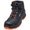 Black safety boots with orange details and robust design. 'uvex' brand name visible on the side. Suitable for industrial safety.