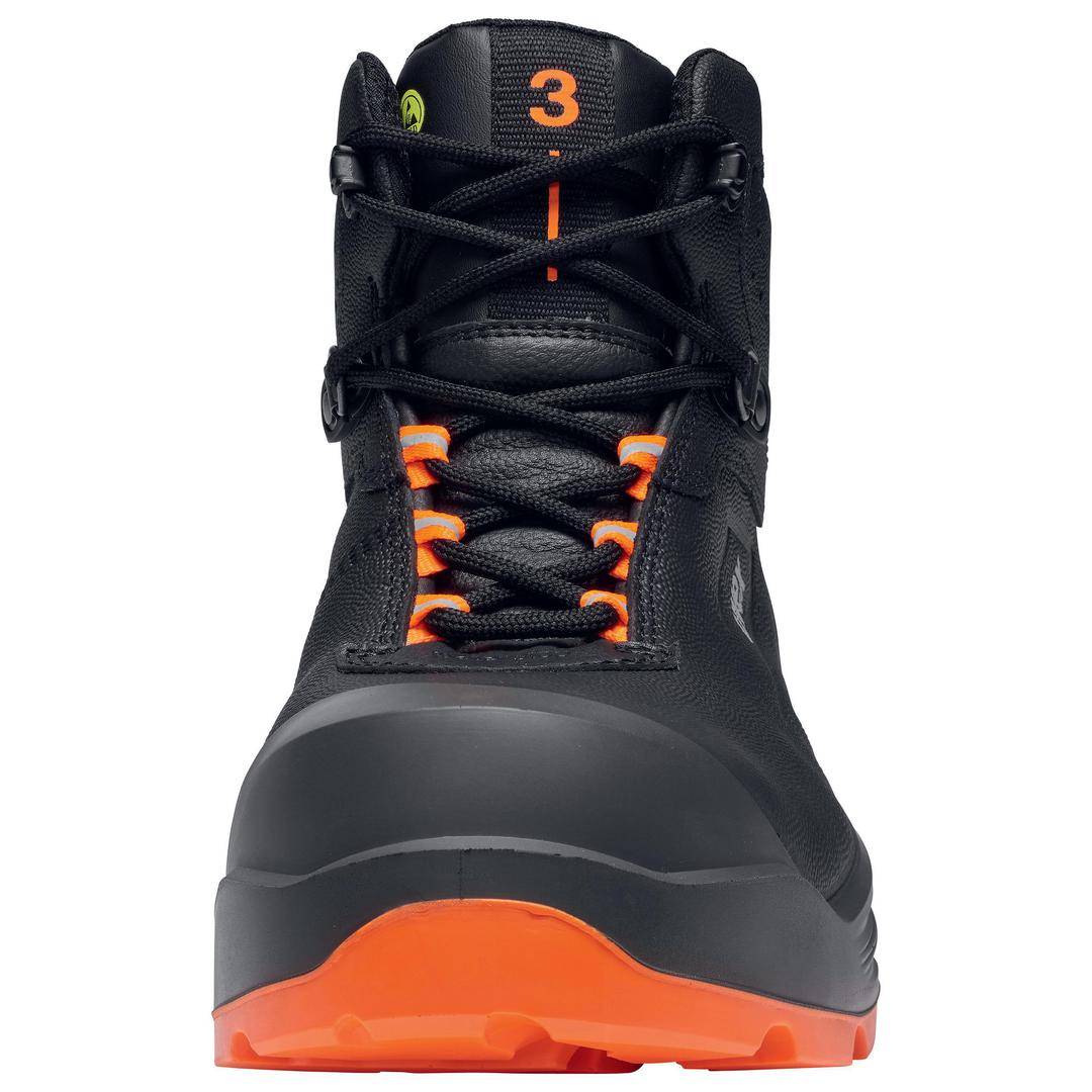Black hiking boot with orange laces and a number '3' on top. Front view.