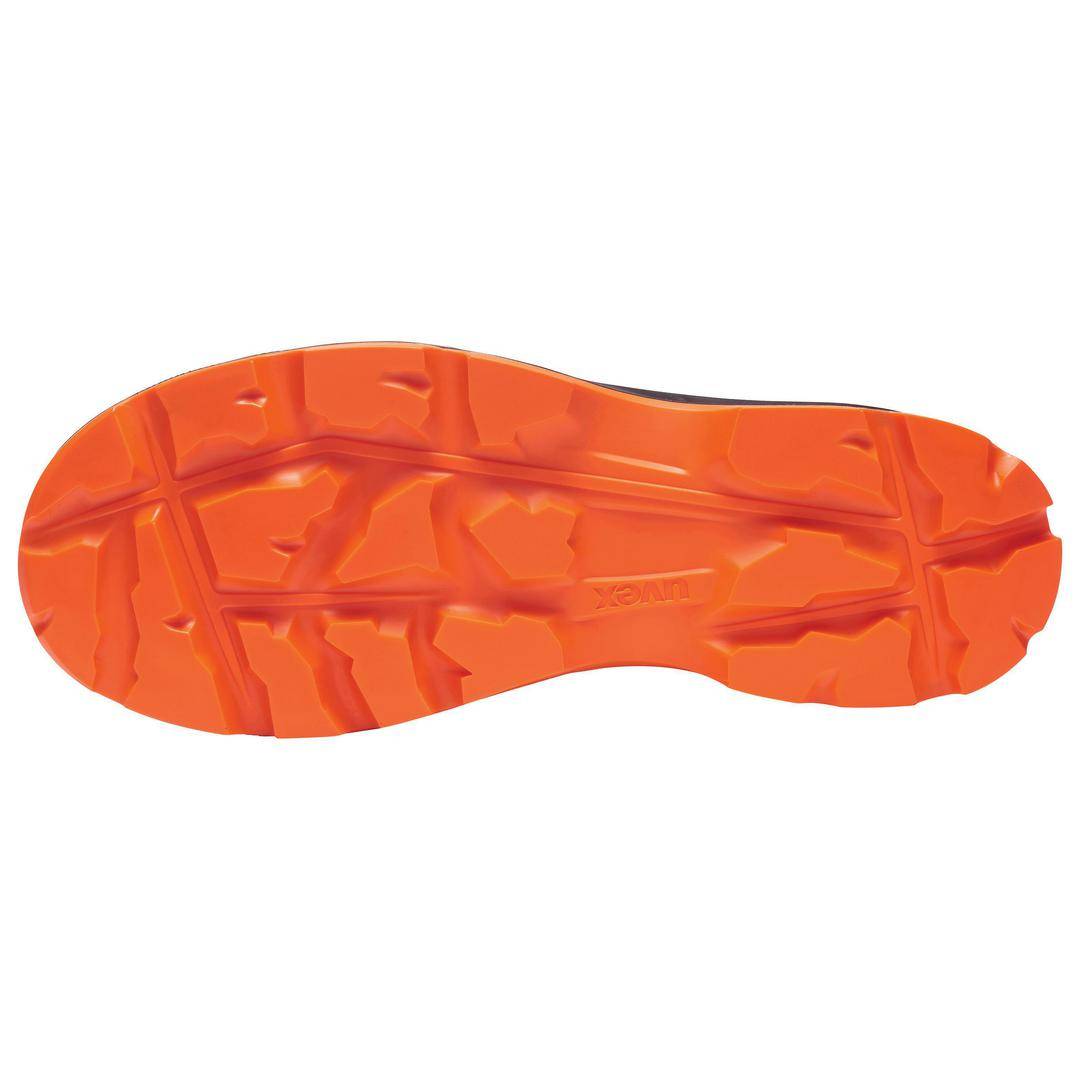 Shoe sole with a coarse, orange tread pattern for improved grip.