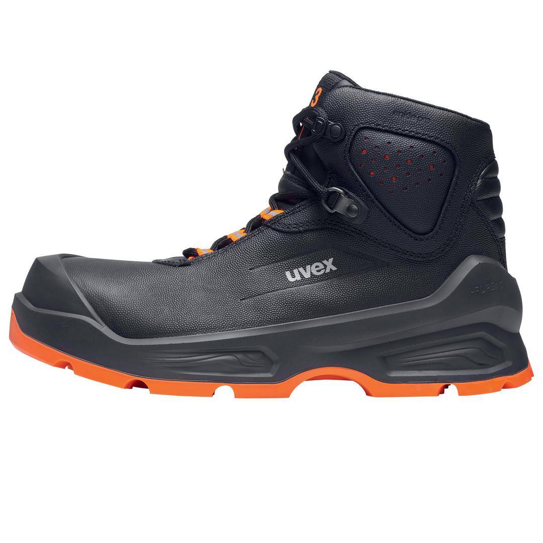 A black safety shoe with an orange sole, high ankle protection, and brand logo on the side, with a profiled sole for secure grip.