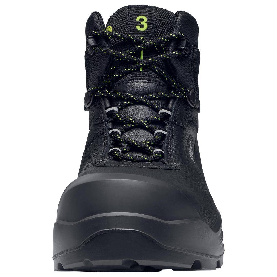A black work boot viewed from the front, with secure lacing and robust design, suitable for use in demanding work environments.