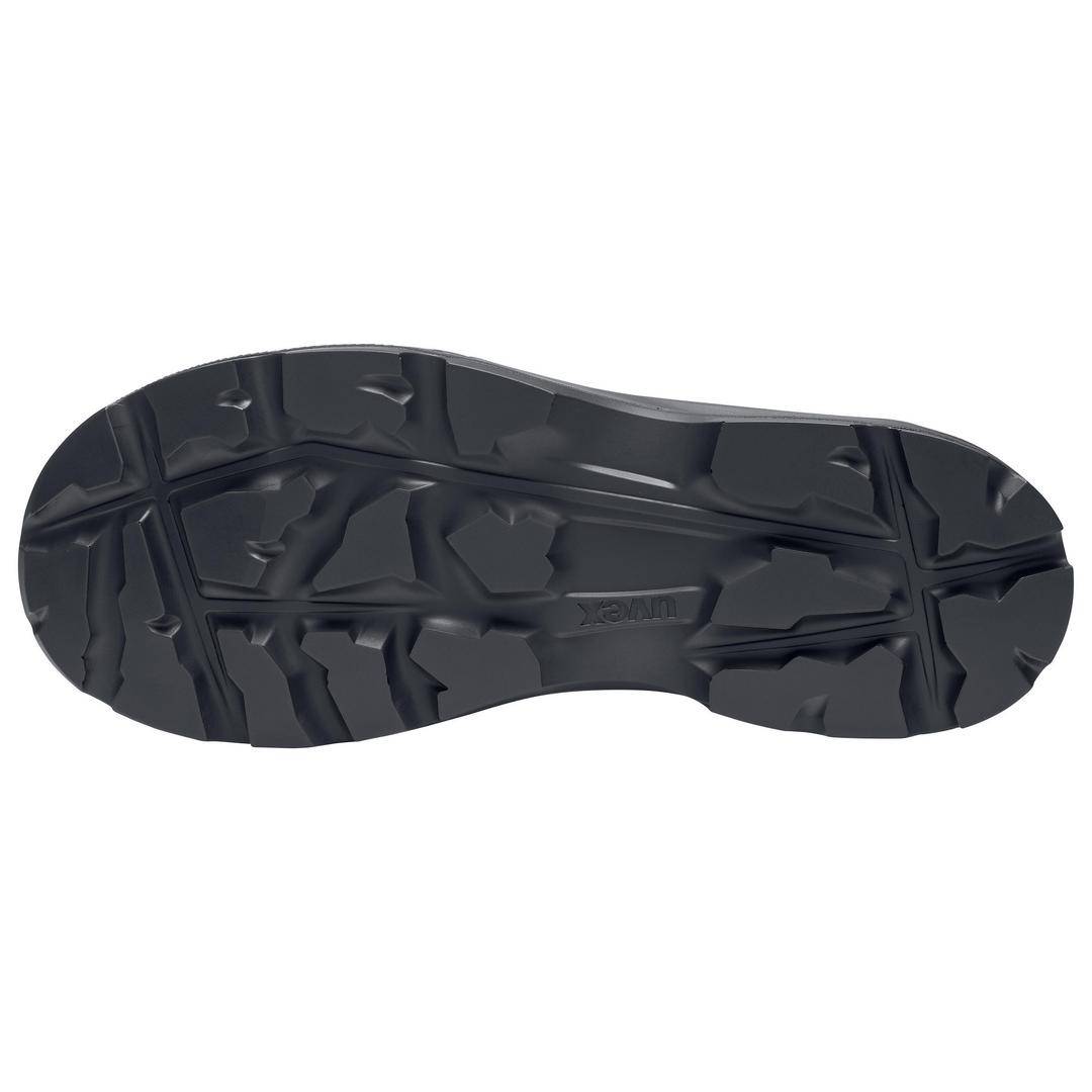 'Black, structured shoe sole with robust tread. Suitable for outdoor activities.'