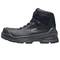 Black safety boots with reinforced toe cap and non-slip sole. Suitable for work requiring protection.