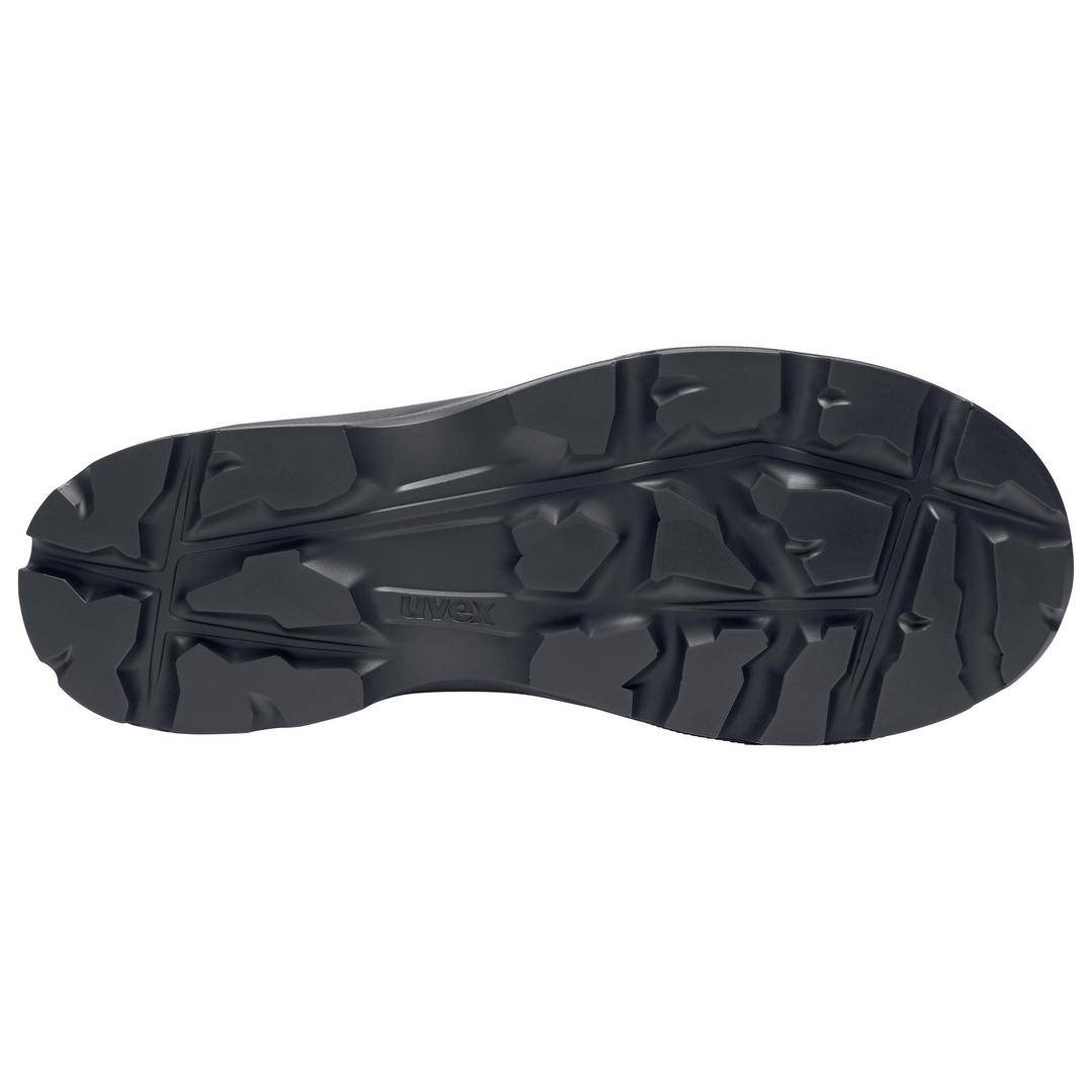 Shoe sole with a coarse tread pattern for better grip on smooth surfaces.