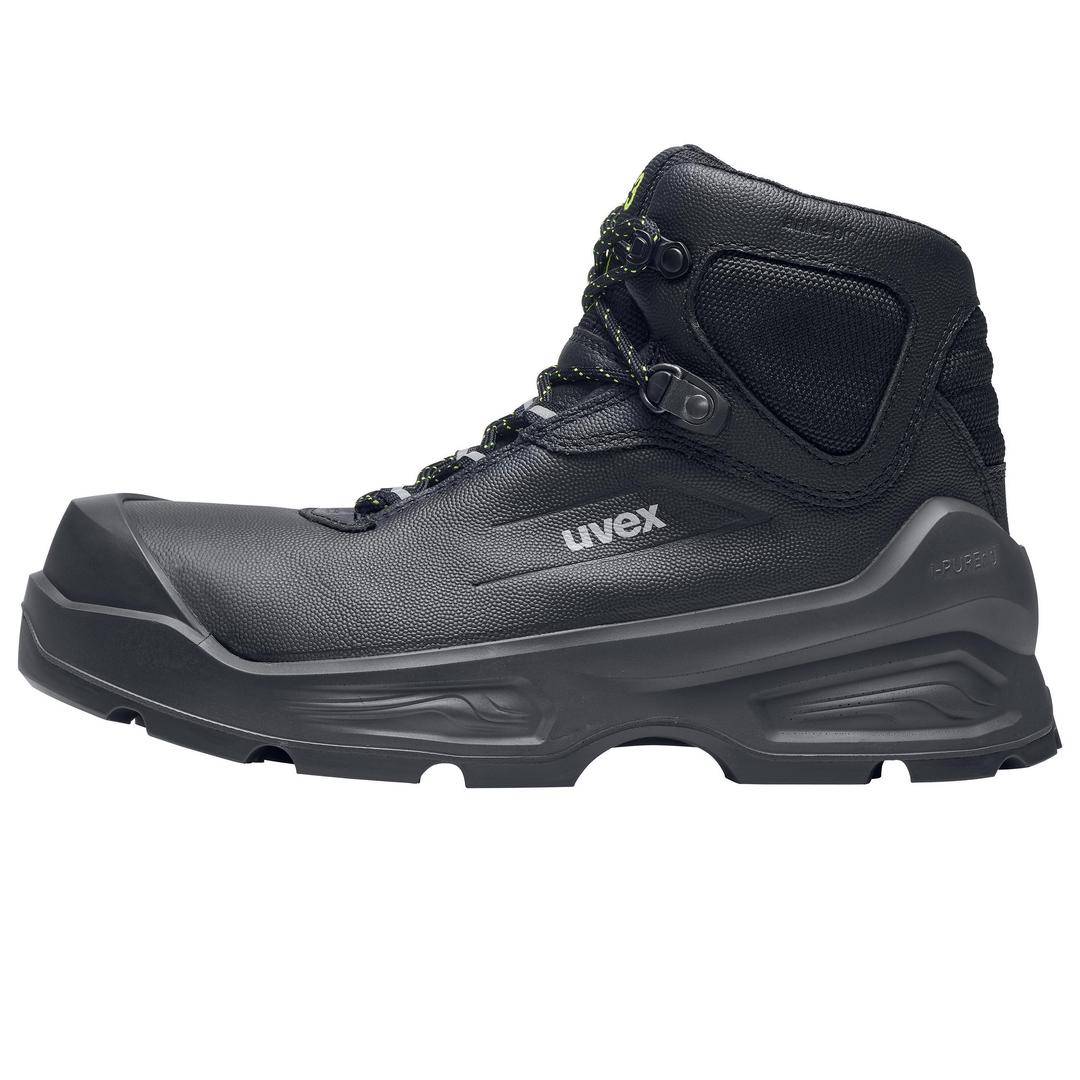 A black, robust work boot with reinforced toe cap and ankle protection, with the 'uvex' inscription on the side.