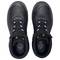 Black work shoes from above, with lace-up fastenings and recycling symbols on the inner soles.
