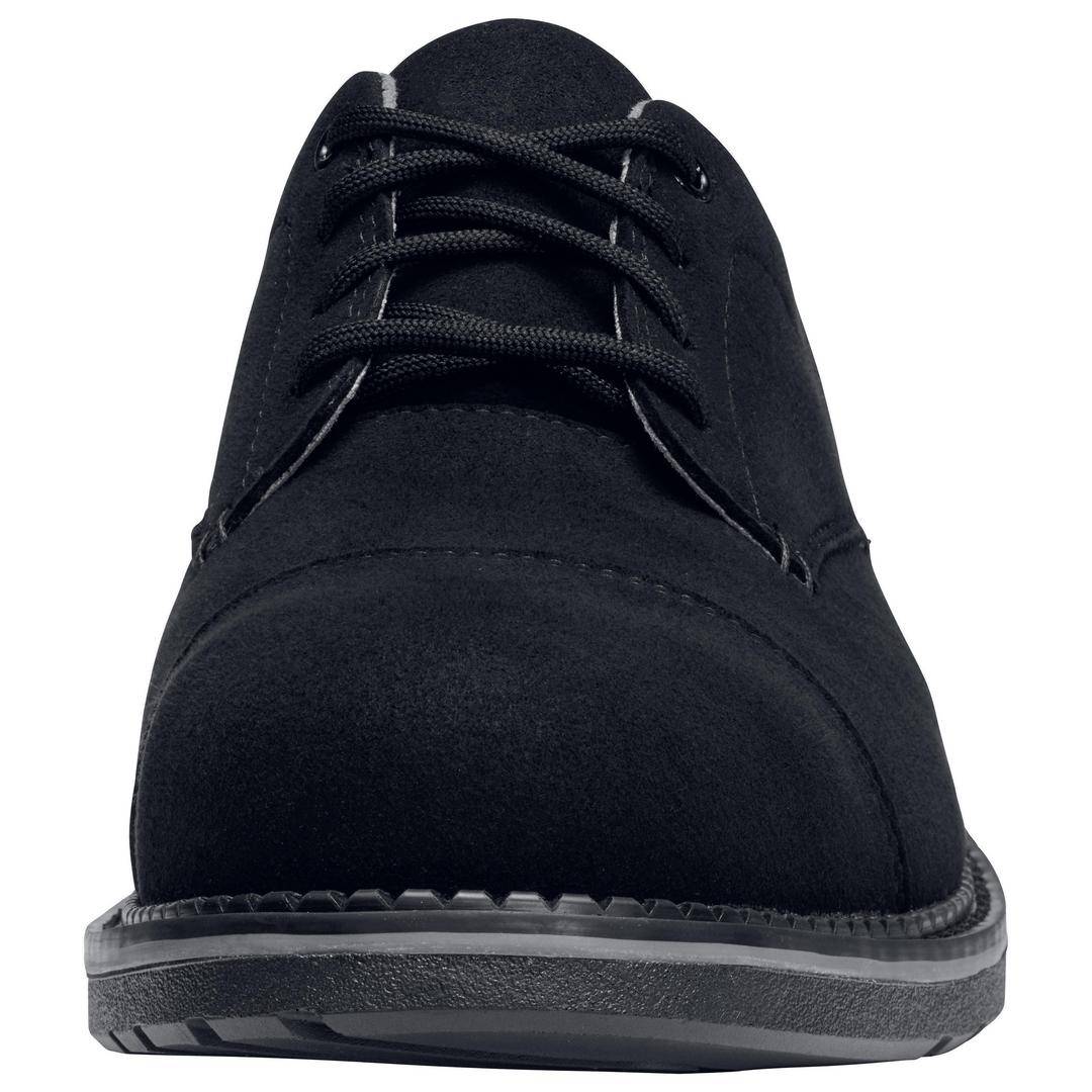 Black leather lace-up shoe, photographed from the front. Shows the material's texture and the shape of the toe cap.