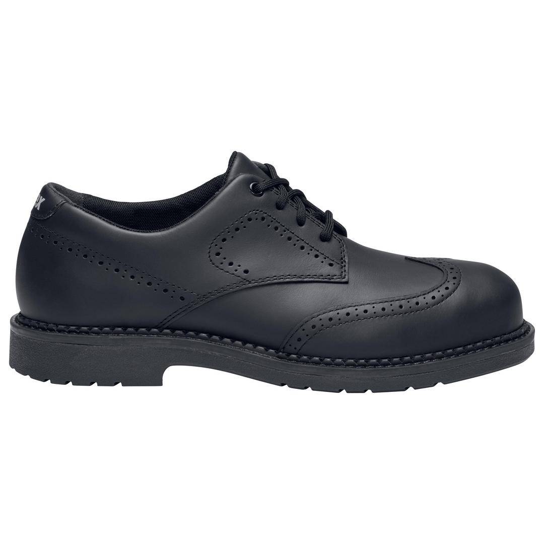 Black leather shoe with lace-ups, brogue detailing and a robust sole, shown from the side.