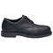 Black leather lace-up shoe with brogue detailing. Treaded sole for enhanced grip. Elegant design. Side view.