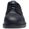 A black shoe viewed from the front, featuring laces, smooth leather, and decorative stitching. An elegant and understated design.