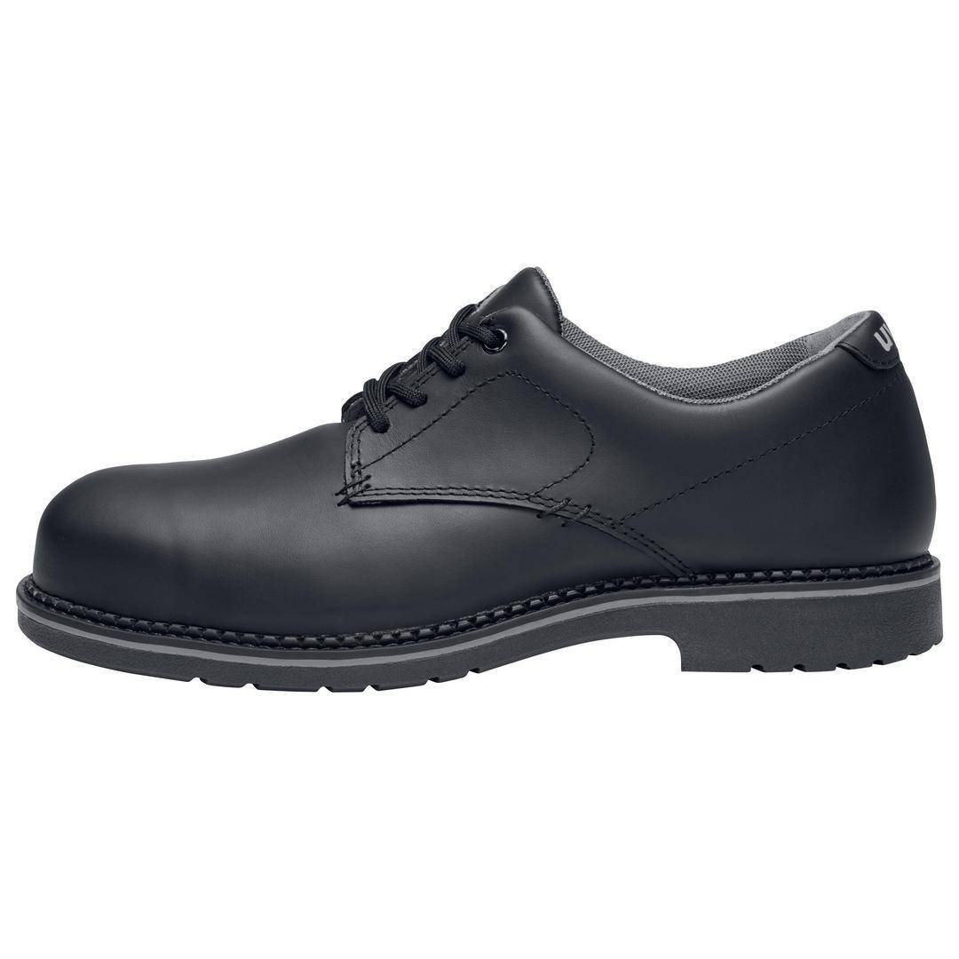 Black leather lace-up shoe with a flat sole, side view. Ideal for formal or business occasions.