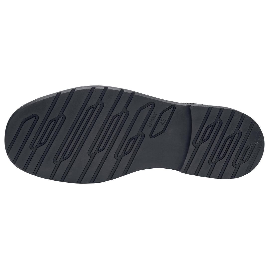 Shoe sole made from non-slip material with a deep tread and multiple parallel grooves for improved grip.