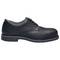 'Black leather shoe with lace-up fastening and sturdy sole, side view.'