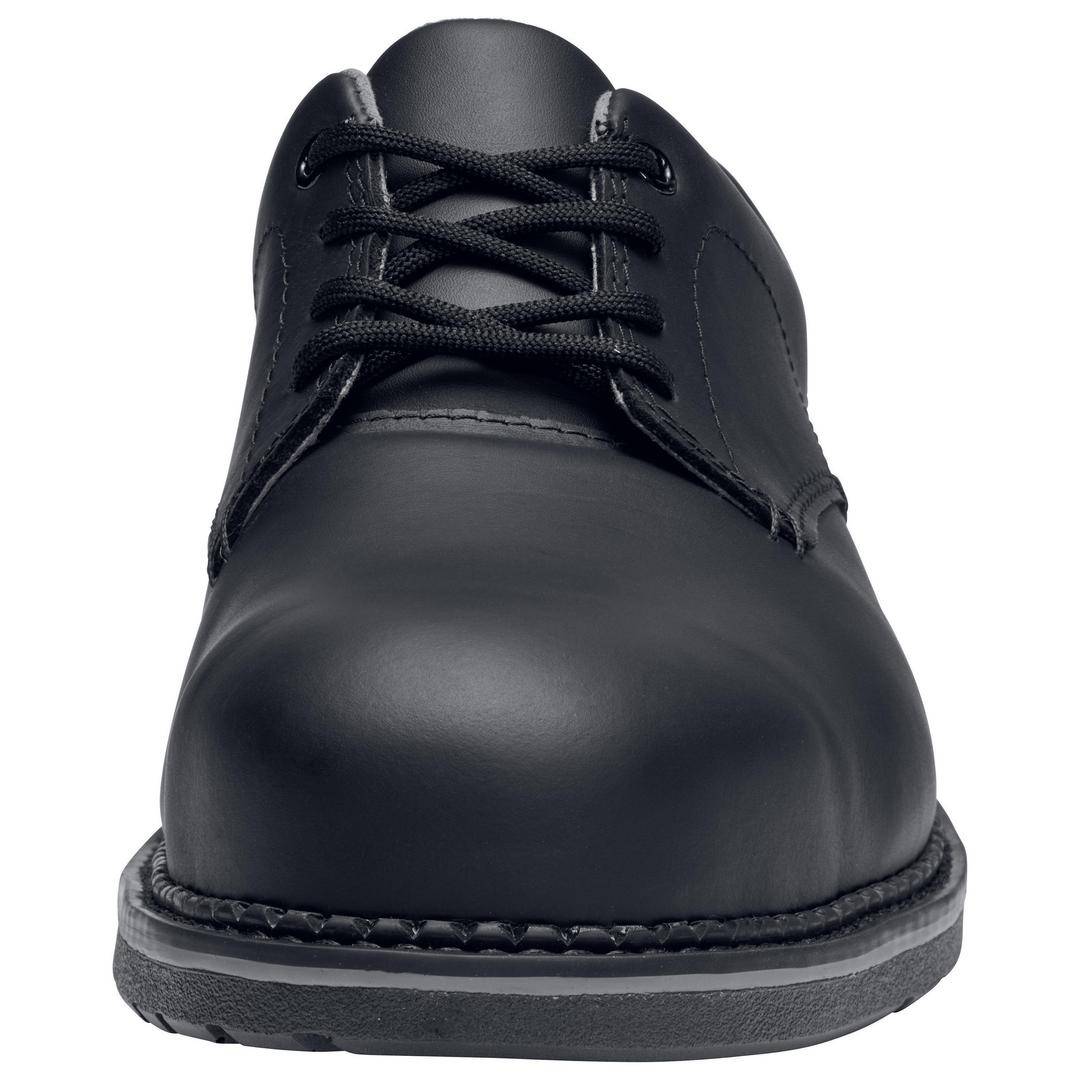 Black, glossy, ankle-high leather lace-up shoe with a smooth toe cap and thick sole, photographed directly from the front.