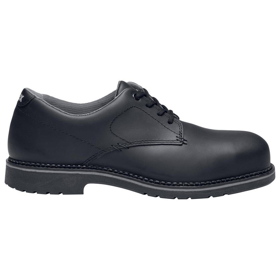 A black lace-up shoe with a smooth surface and robust sole, photographed from the side on the left. Suitable for business or formal occasions.
