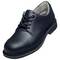 A black leather shoe with lace-ups and a robust sole, suitable for formal occasions.