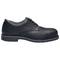 Black lace-up shoe with a smooth surface and sturdy sole, side view.