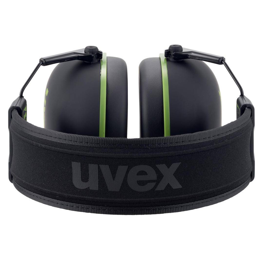 A pair of black and green ear protection headphones. They have a padded headband with the 'uvex' inscription.
