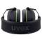 A pair of black and green ear protection headphones. They have a padded headband with the 'uvex' inscription.