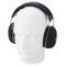 A white mannequin head is wearing black ear defenders with green accents and a padded headband, providing noise protection.