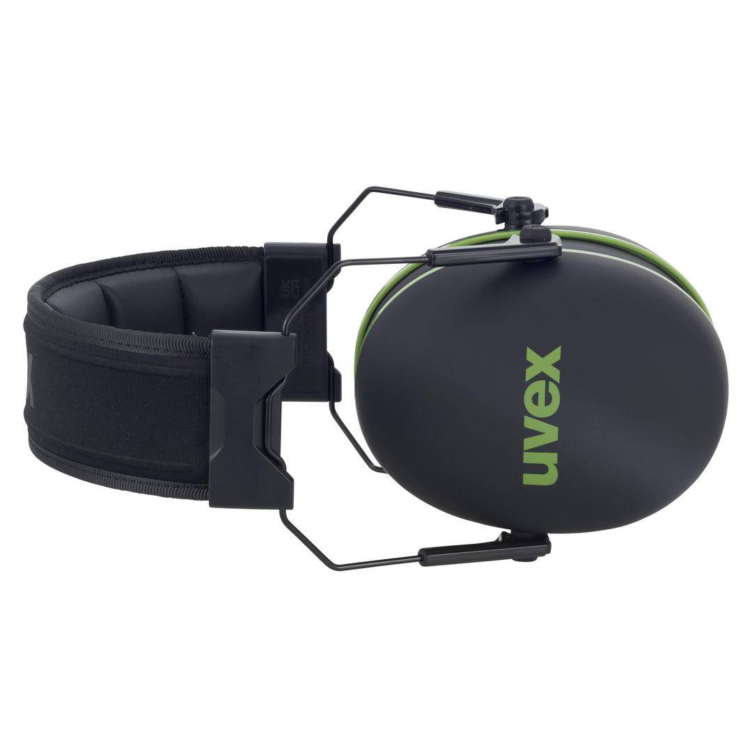 Black ear defenders with a green accent, 'uvex' logo visible on the side. Adjustable headband, padded for comfort.
