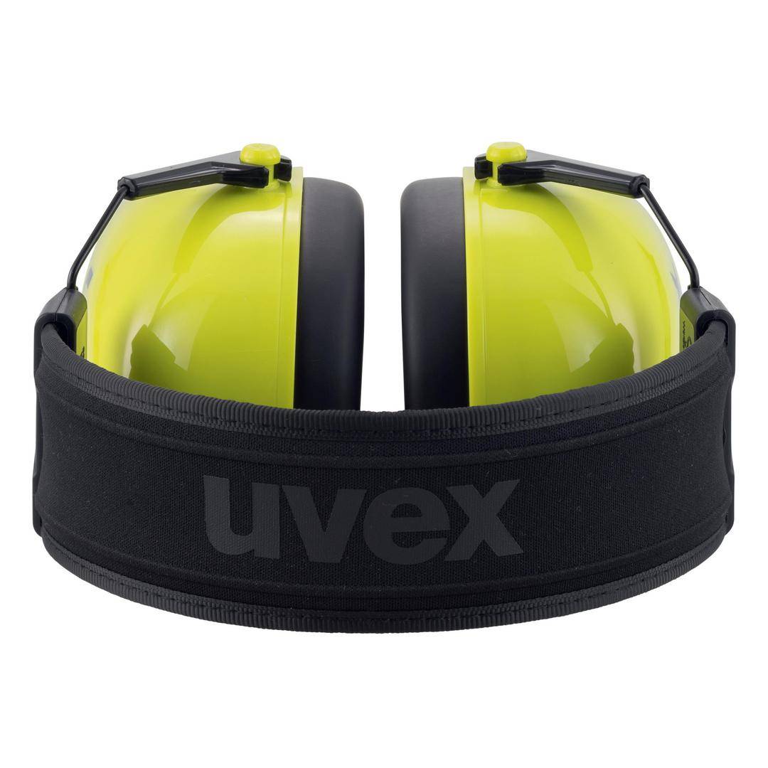 Yellow ear defenders with a black headband, 'uvex' brand, symbolise noise protection or safety equipment.