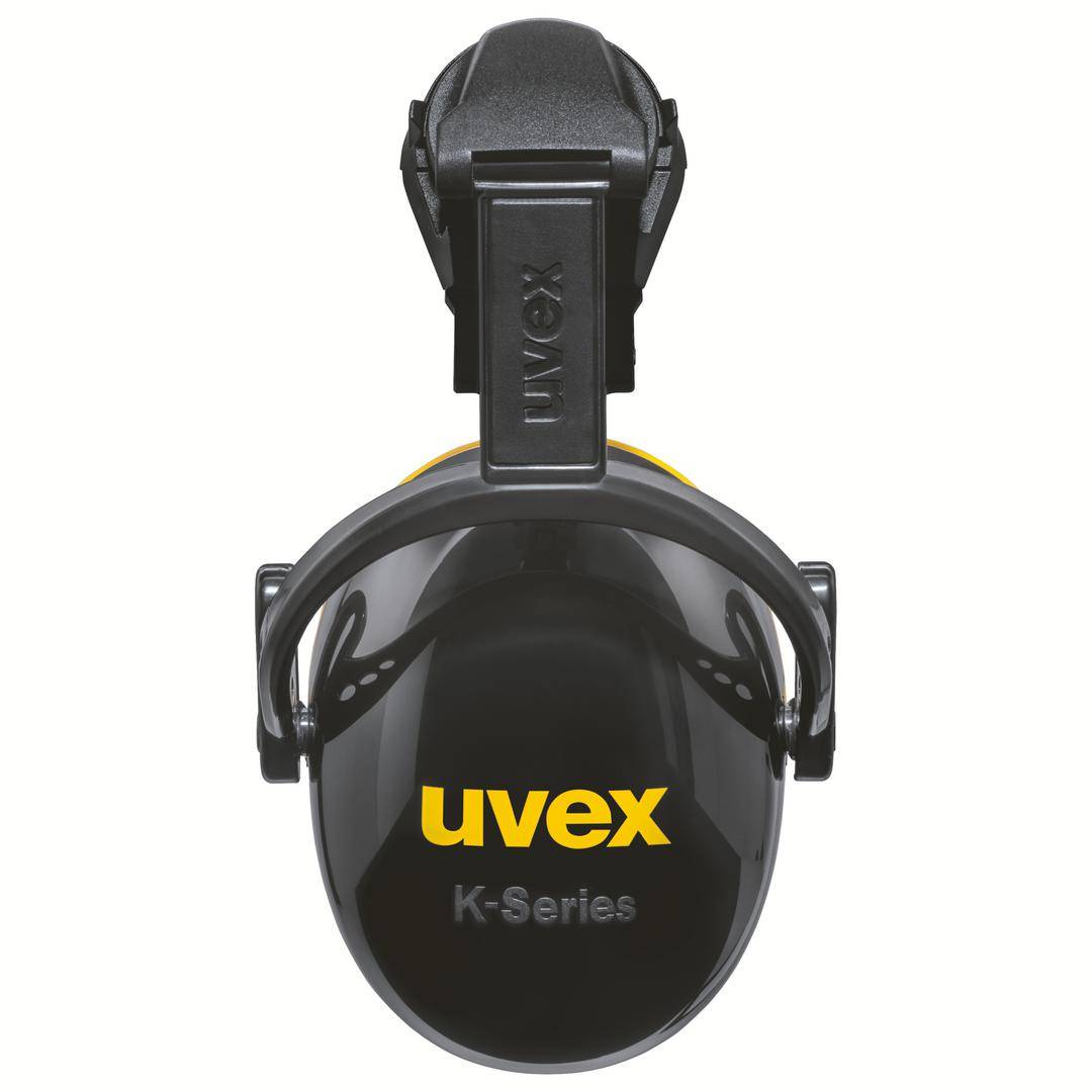 'Black ear defenders by uvex, K-Series model, visible from above, with yellow company logo on the exterior.'