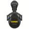 'Black ear defenders by uvex, K-Series model, visible from above, with yellow company logo on the exterior.'