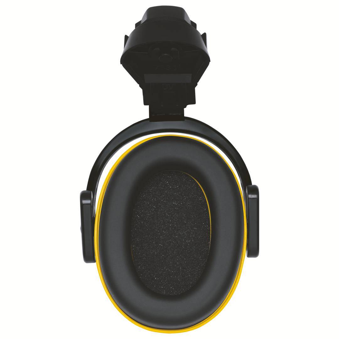 Black ear protection with a yellow border, viewed from the front. Design for noise reduction, suitable for industrial environments.