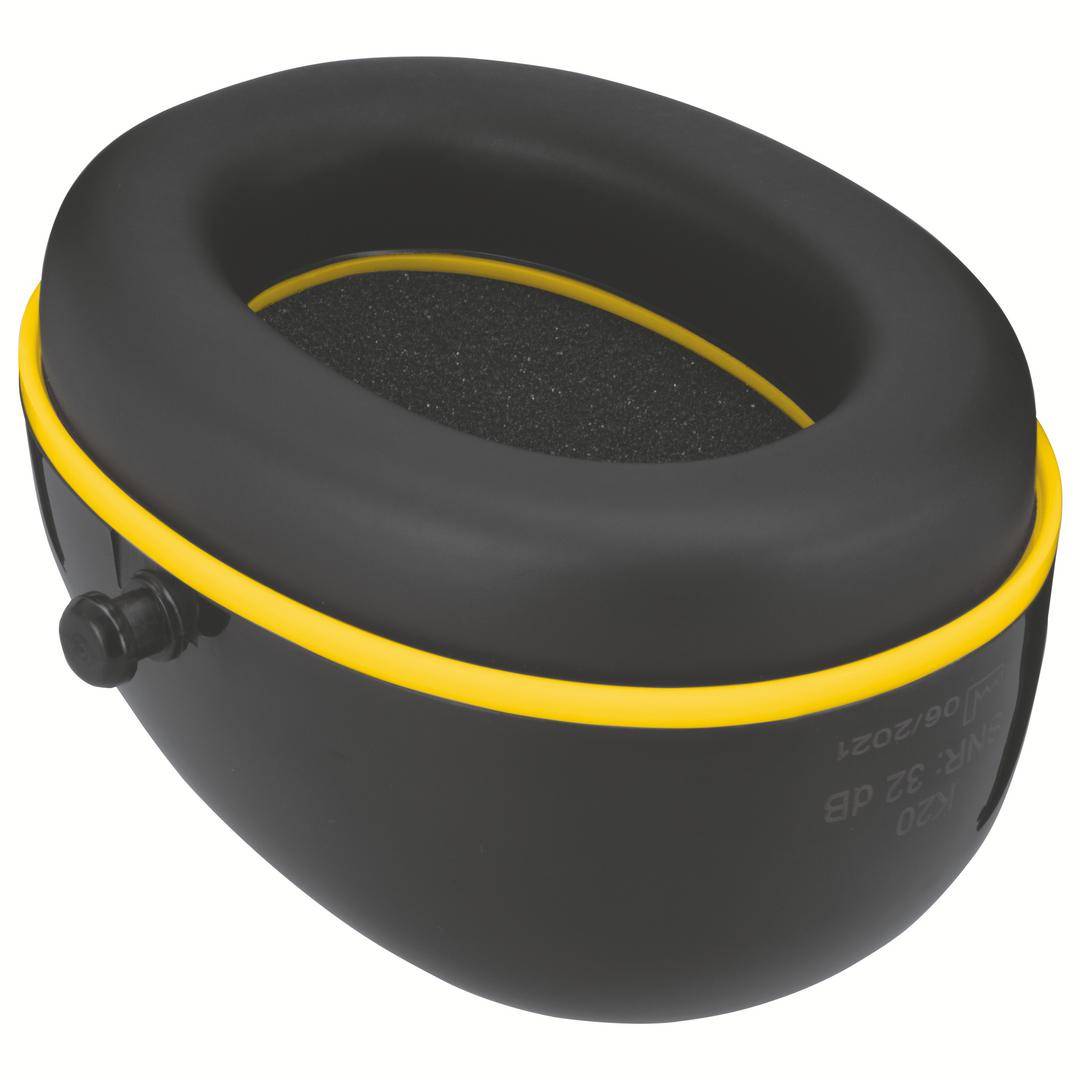 Black ear defenders with a yellow border, designed to reduce external noise. Suitable for loud environments and industrial settings.