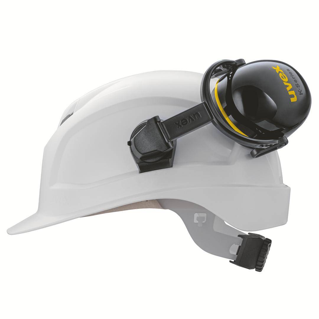 White safety helmet with attached black ear defenders, highlighted in yellow. Suitable for construction sites or noisy environments.