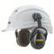 White safety helmet with black ear defenders with yellow trim from the Uvex brand. Suitable for workplace protection and safety.