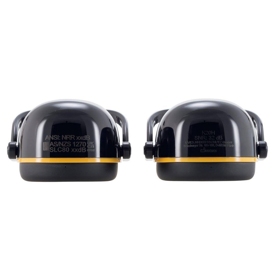 Two black ear defenders with a yellow stripe and labelling indicating standardised noise protection values on the front.