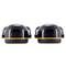 Two black ear defenders with a yellow stripe and labelling indicating standardised noise protection values on the front.