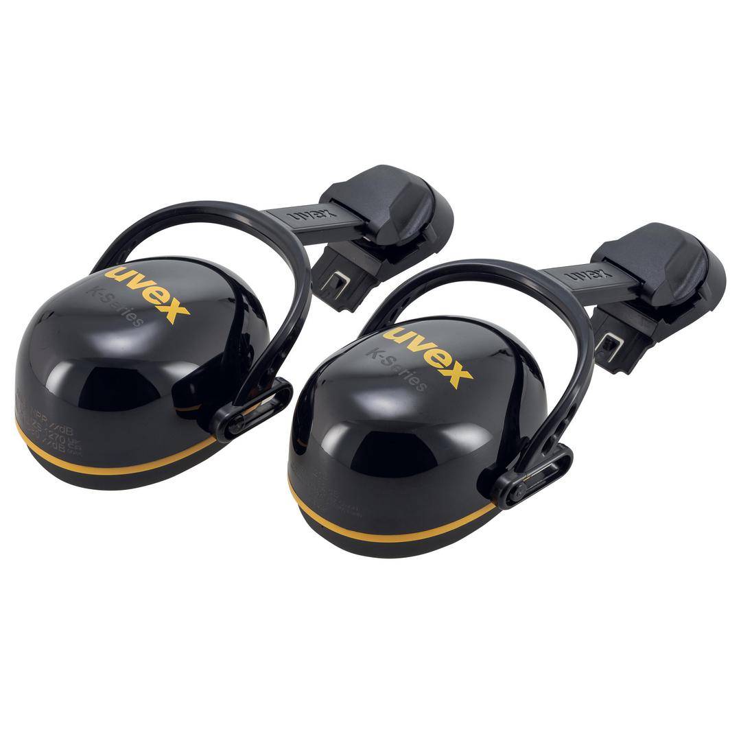 Two black uvex ear defenders, connected by a headband, for noise protection and hearing protection at work.