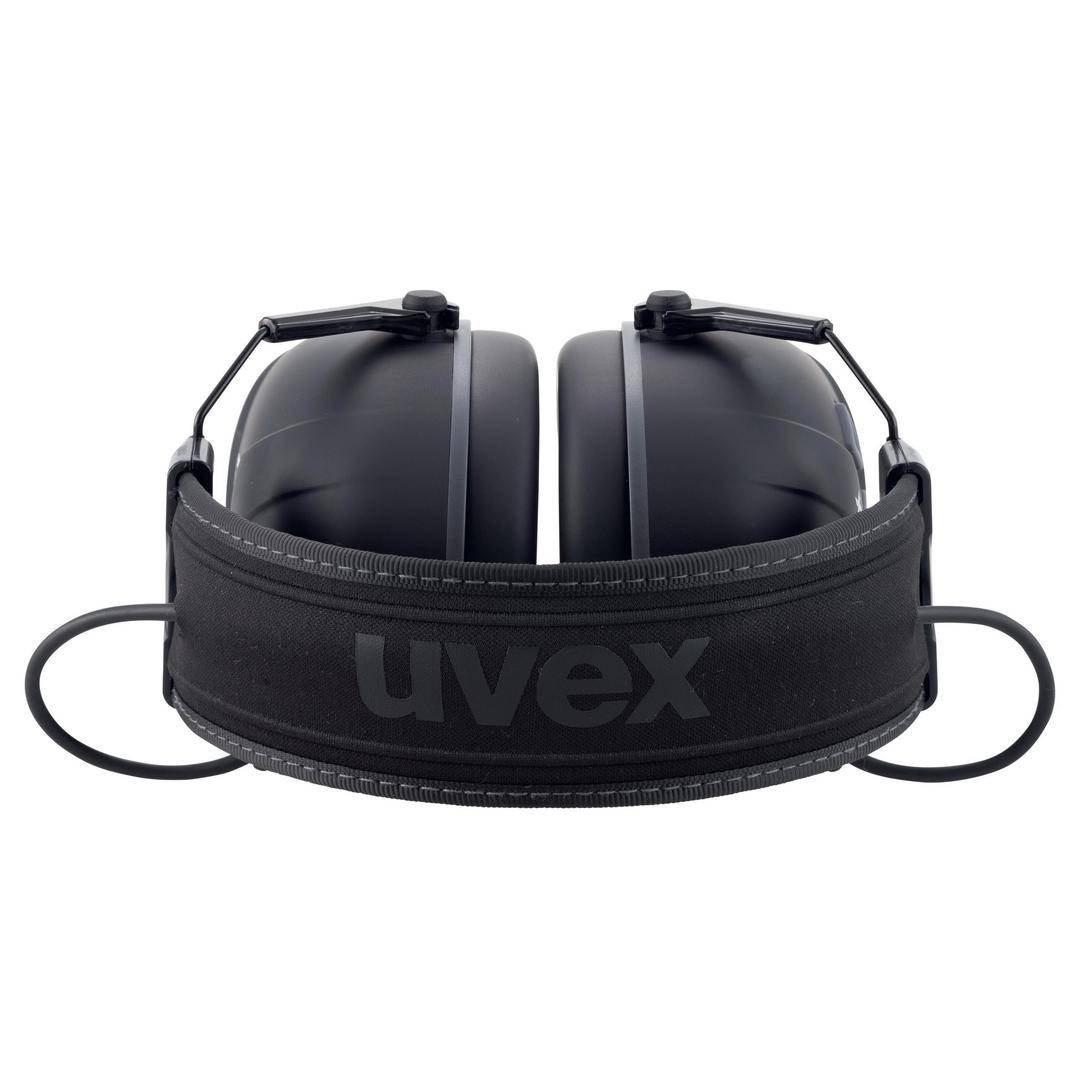 Black capsule ear defenders by Uvex, shown from the front, display two large ear cups connected by a padded headband. Ideal for noise protection.