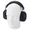 A white mannequin is wearing black ear defenders.